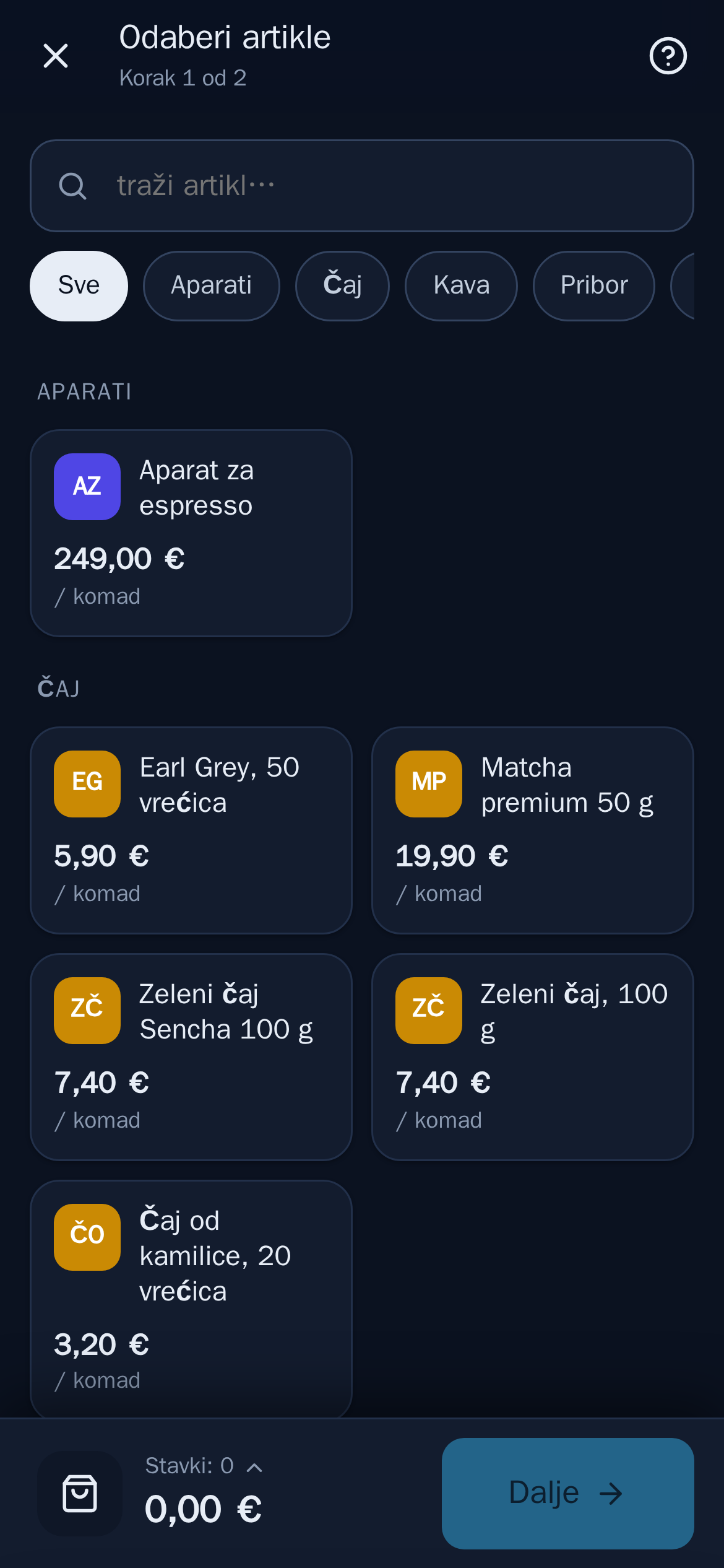 Odabir artikala po kategorijama u mobilnoj blagajni